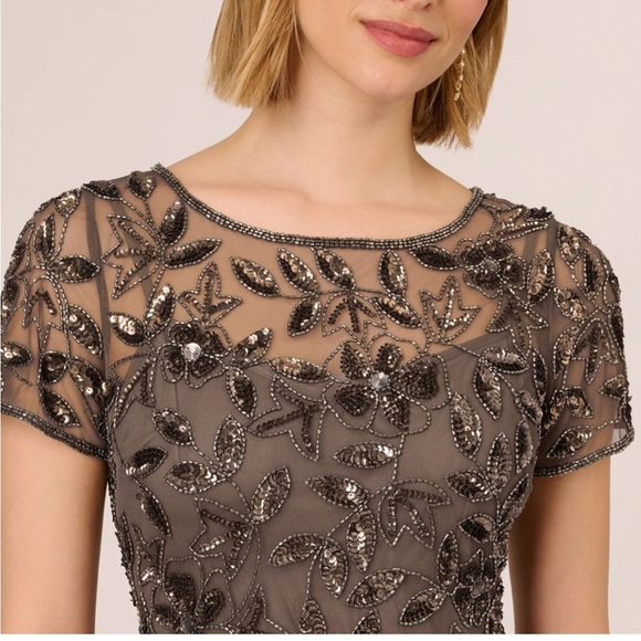 Adrianna Papell Beaded Illusion Tulle Gown SZ 6 NWT Charcoal Taupe Maxi MOB GALA - Picture 3 of 10